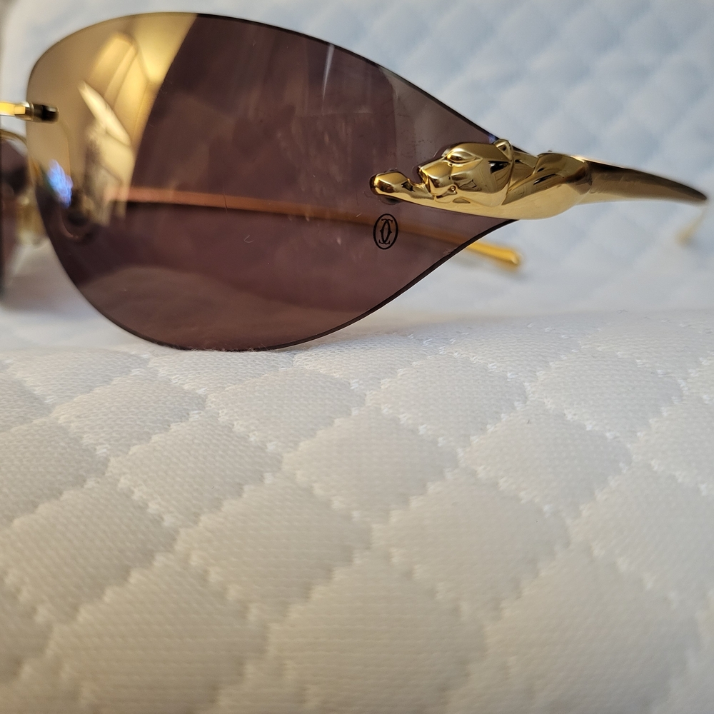 100% AUTHENIC CARTIER Gold Panther-Accent Rimless Sunglasses with Brown Lenses